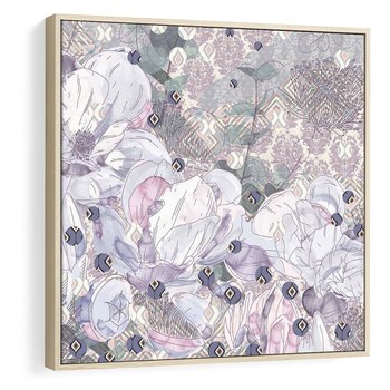 Obraz w ramie 50x50 - Malowane oddechy istnienia - pomieszane tekstury, kwiatowe elementy - rama drewno