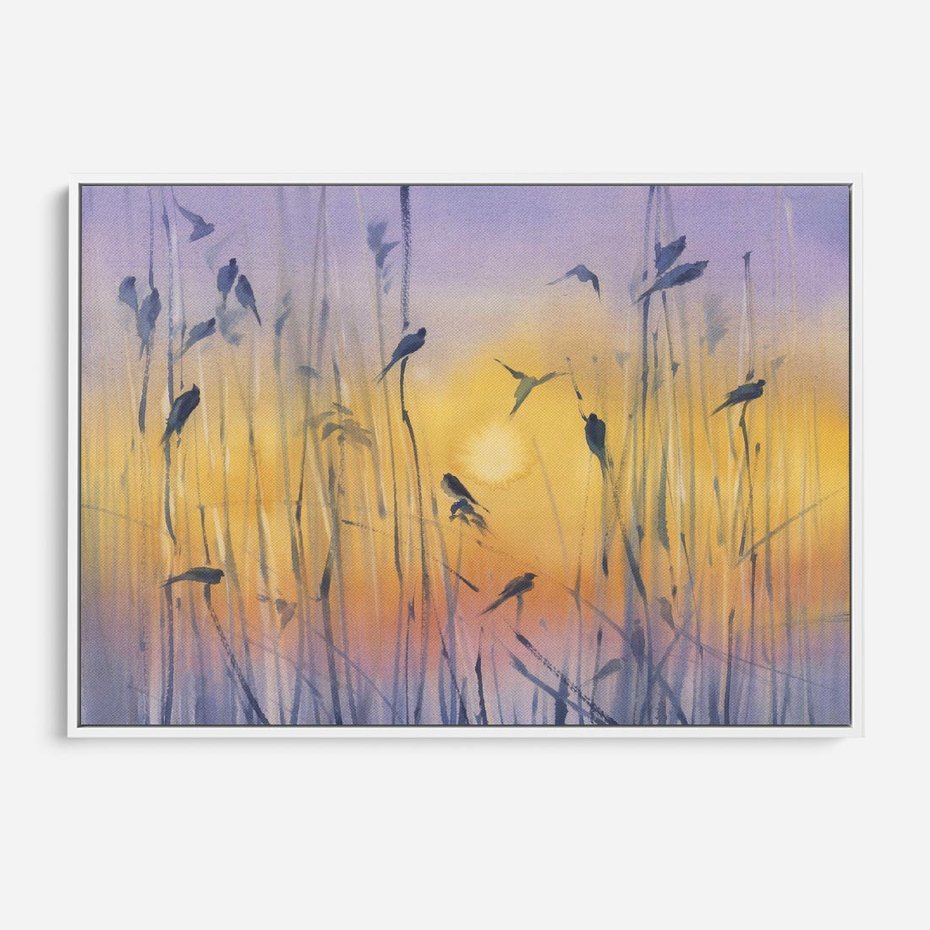 Obraz w ramie 120x80 - Mistyka Poranka nad Szuwaram - wschód słońca w szuwarach, trawy - rama biała