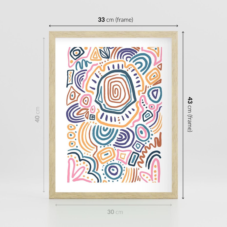 Plakat w ramie 30x40 - Strukturalne Odbicia Boho - kolorowe etniczne wzory, tęczowe żywe kolory - rama drewno