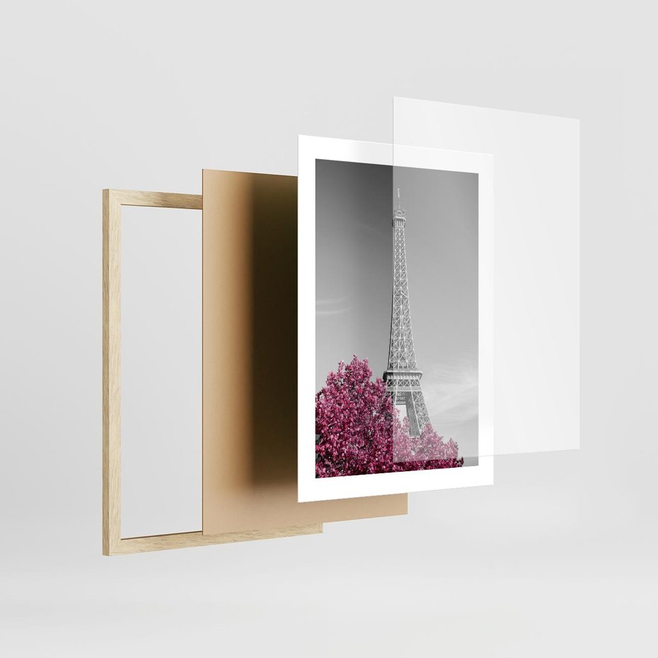 Plakat w ramie 30x40 - Różowy Paryż - czarno białe zdjęcie, wieża eiffla - rama drewno