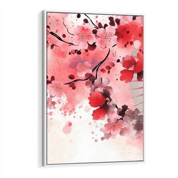 Obraz w ramie 80x120 - Szept Kwitnącej Wiśni - japoński parasol, liście - rama biała