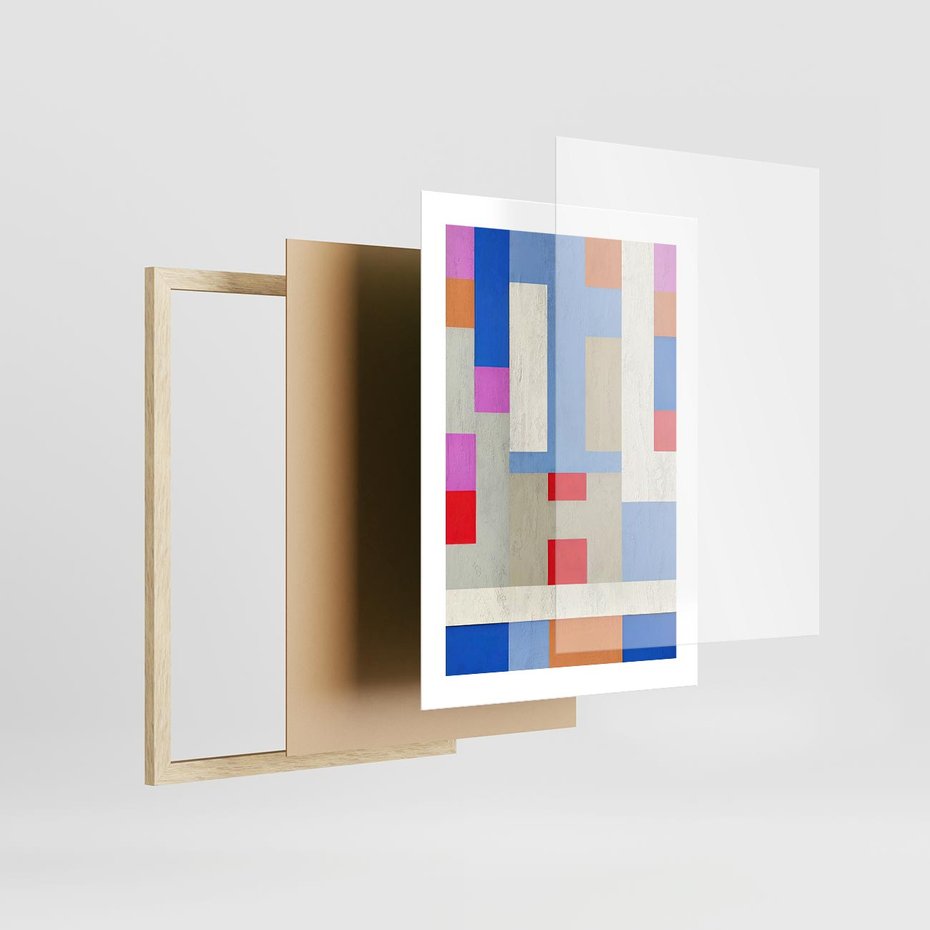 Plakat w ramie 30x40 - Bezczasowe Przenikanie Kształtów - abstrakcyjne geometryczne kształty, olejny obraz - rama drewno