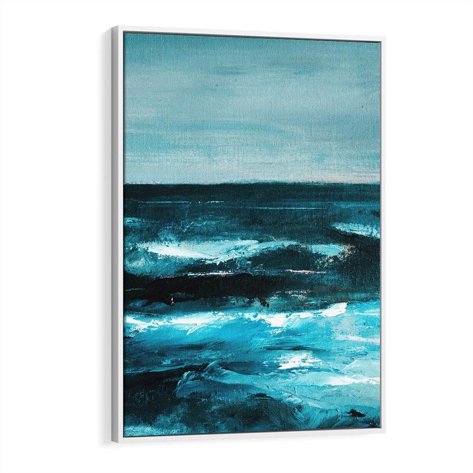 Obraz w ramie 50x70 - Burza Nad Granatowym Oceanem - piękny marynistyczny obraz olejny, wzburzone ciemne morze - rama biała
