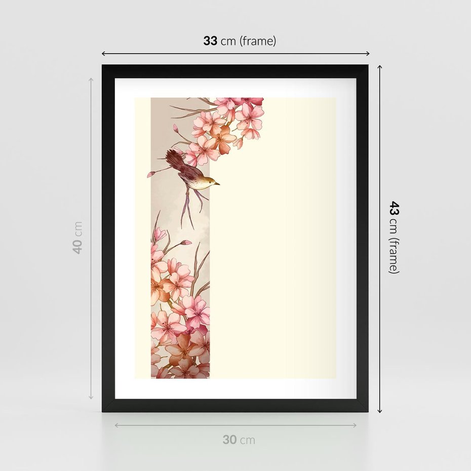Plakat w ramie 30x40 - Rozkwitające Marzenia - japońska sztuka, ptak - rama czarna