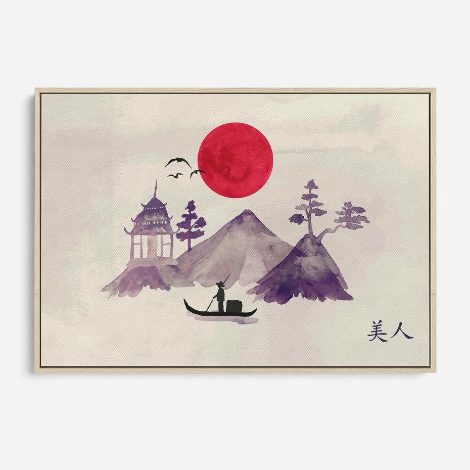 Obraz w ramie 100x70 - Odbicie Słońca - japońska sztuka, akwarela - rama drewno