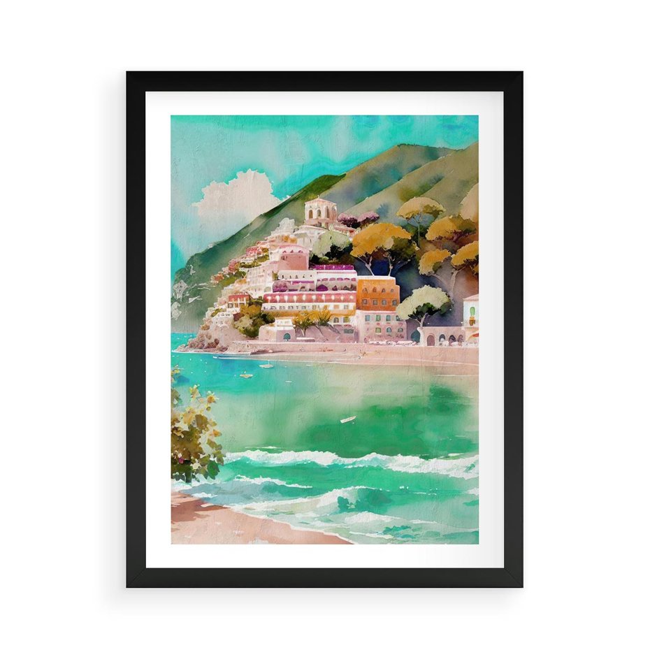 Plakat w ramie 50x70 - Na Zboczu - akwarela, nadmorski pejzaż - rama czarna