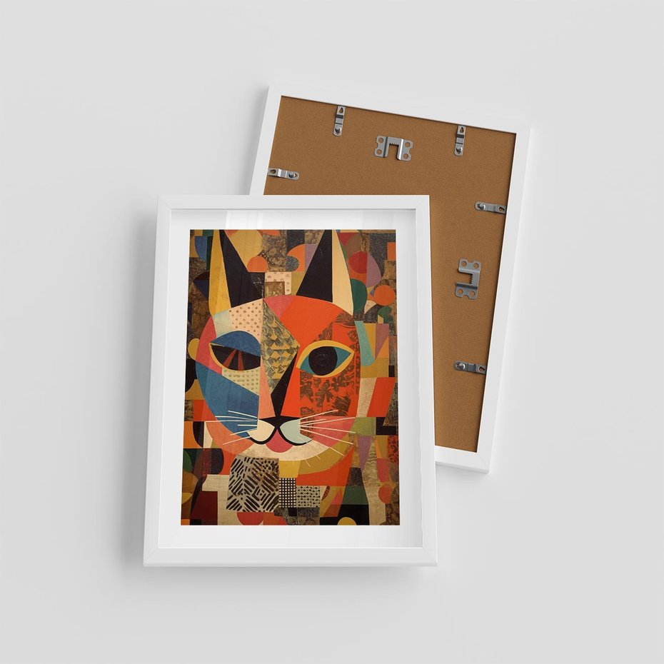 Plakat w ramie 30x40 - Impresje Nieznanych Odniesień - abstrakcyjny obraz olejny, kot - rama biała