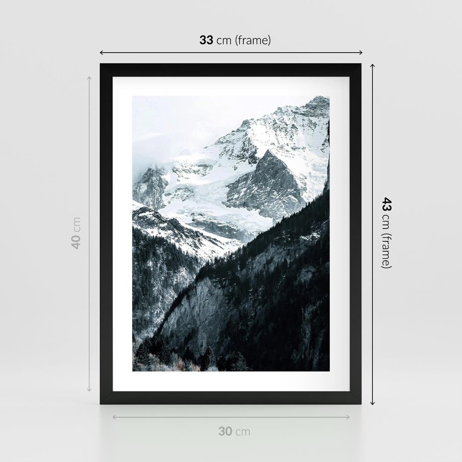 Plakat w ramie 30x40 - Góry w Zimowym Uścisku - góry, ośnieżone szczyty - rama czarna