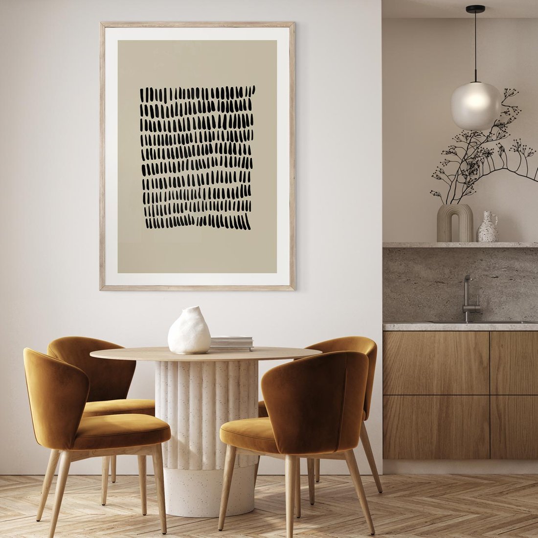Plakat w ramie 50x70 - Energetyczne Pulsacje Nowości - boho plakat, czarne kropki kreski - rama drewno