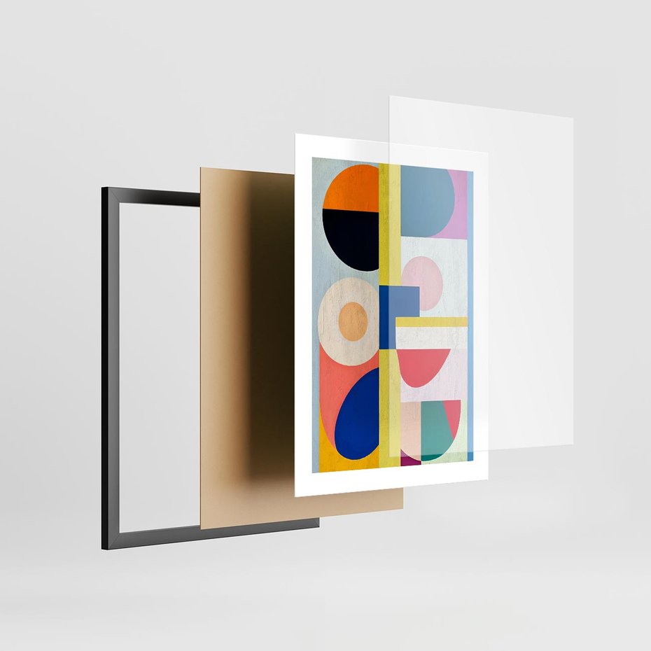 Plakat w ramie 30x40 - Harmonia Kolorowych Impulsów - abstrakcyjne geometryczne kształty, olejny obraz - rama czarna