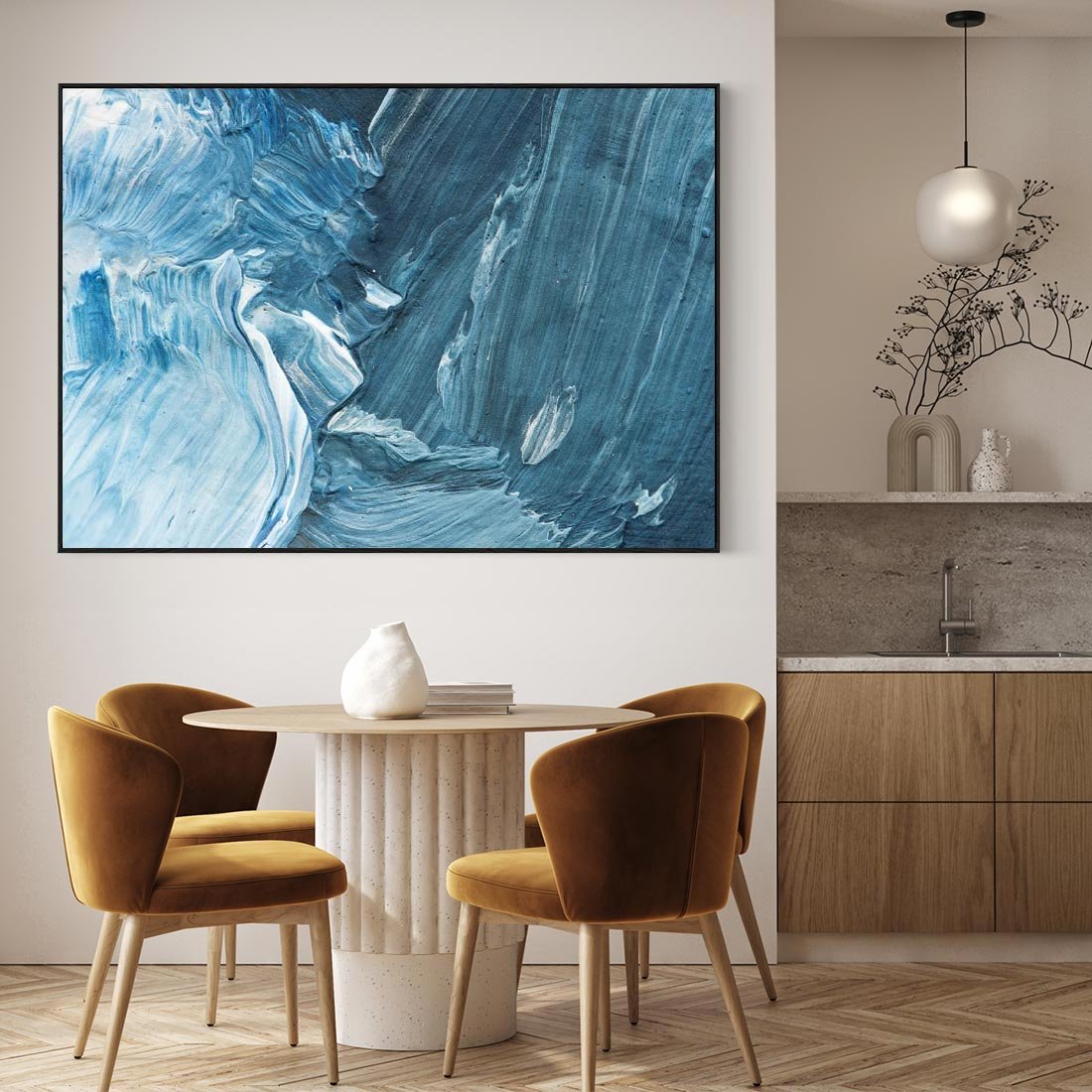 Obraz w ramie 100x70 - W stronę niebieskiego horyzontu - abstrakcja, rozlane farby - rama czarna