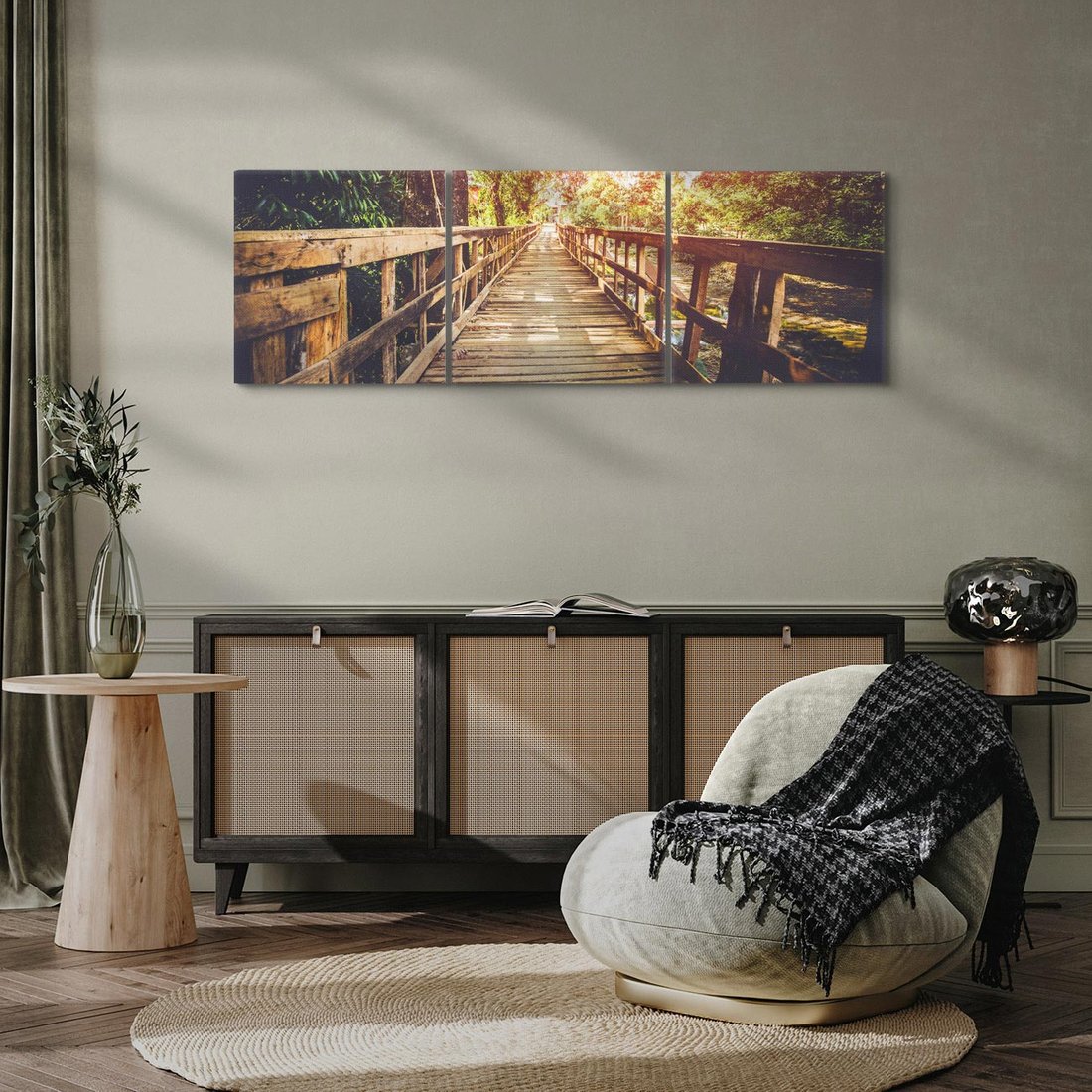 Obraz na płótnie 120x40 - Optyczne wrażenie na drewnianym moście - most, drewniany