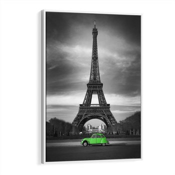 Obraz w ramie 70x100 - Paryskie Romantyczne Spotkanie - Eiffla, samochód - rama biała
