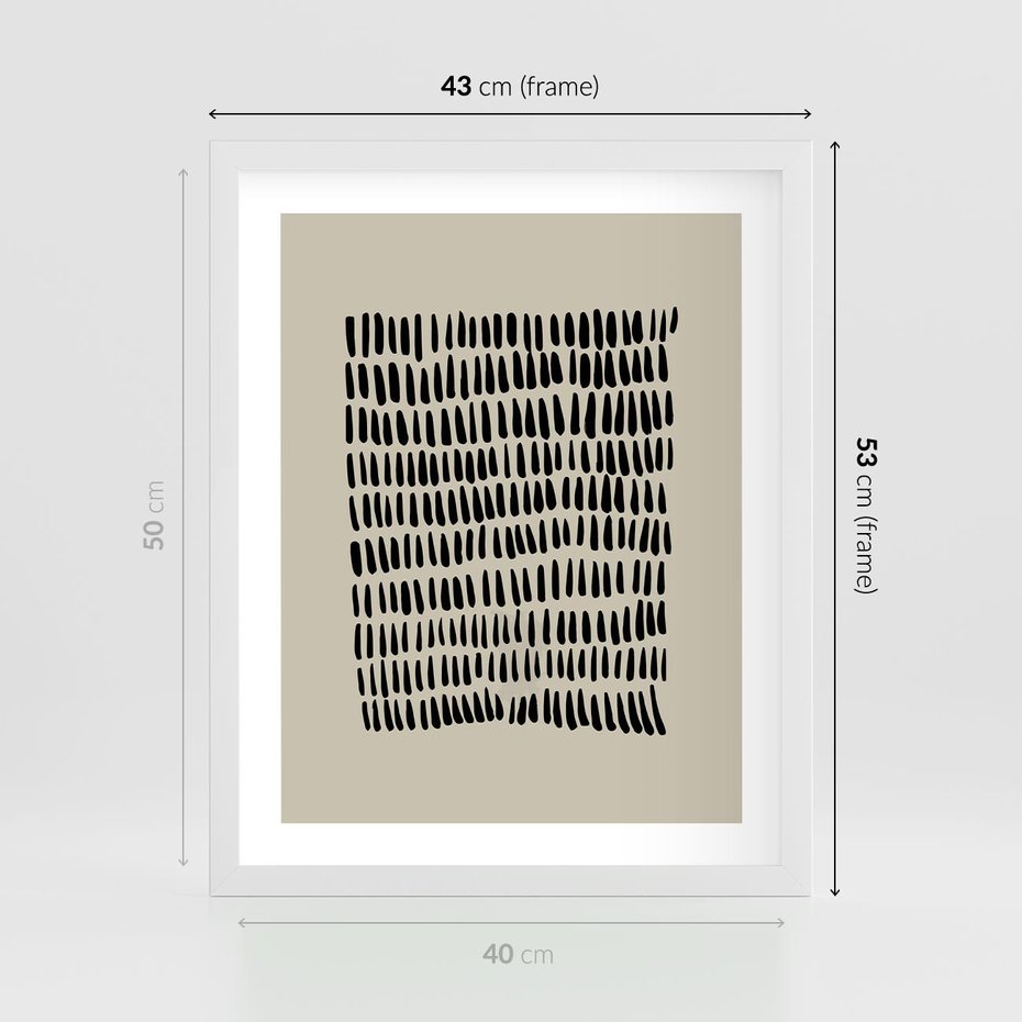 Plakat w ramie 40x50 - Energetyczne Pulsacje Nowości - boho plakat, czarne kropki kreski - rama biała