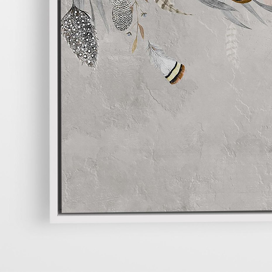 Obraz w ramie 80x80 - Sploty losu na płótnie - kompozycja boho piór, indiańskie pióra - rama biała