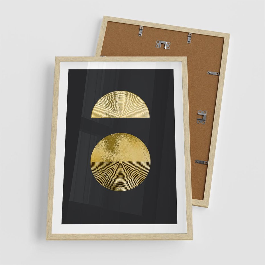 Plakat w ramie 50x70 - Migotliwe Przeniknięcia - złote koła, czarne tło - rama drewno