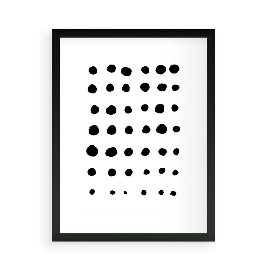 Plakat w ramie 50x70 - Refleksje Światła - minimalistyczna kompozycja, czarne kropkina białym tle - rama czarna