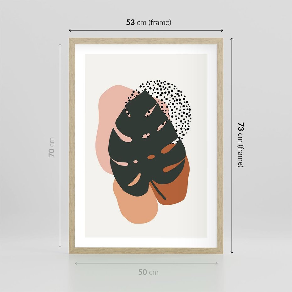 Plakat w ramie 50x70 - Minimalizm w Liściach Monstery: Plamy i Kropki - minimalizm, monstera plamy - rama drewno