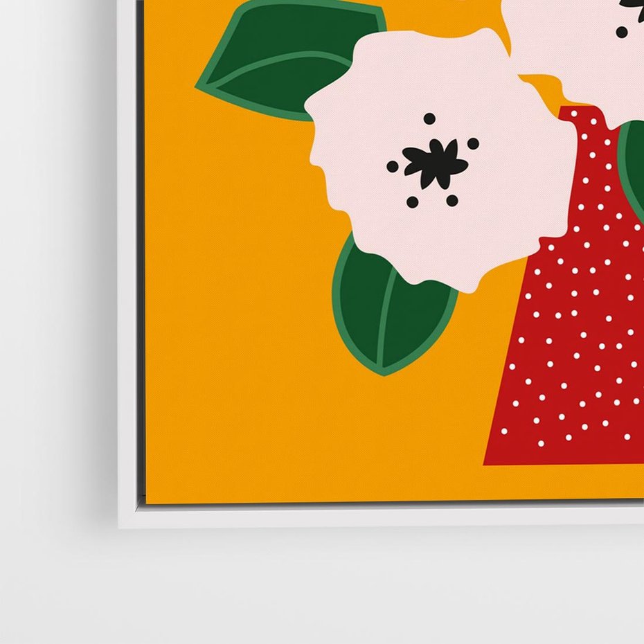 Obraz w ramie 80x80 - Harmonijne Granice - abstrakcyjne kwiaty, żółte tło - rama biała