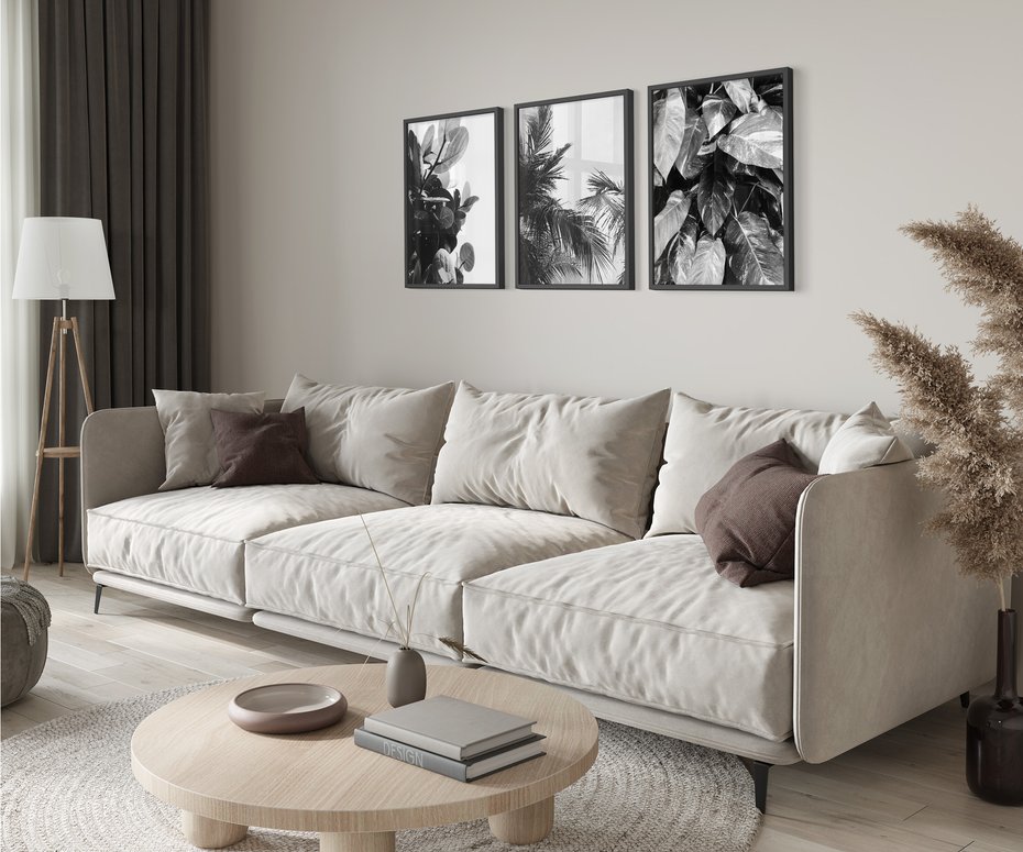 Zestaw obrazy w ramie 50x70 galeria - Liście, czarno, białe, palmy - rama czarna