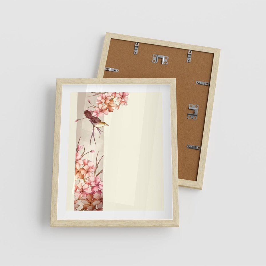 Plakat w ramie 40x50 - Rozkwitające Marzenia - japońska sztuka, ptak - rama drewno