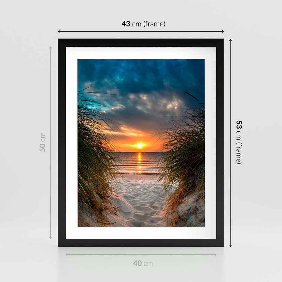 Plakat w ramie 40x50 - Magia zachodu słońca na plaży - zachód, słońca - rama czarna