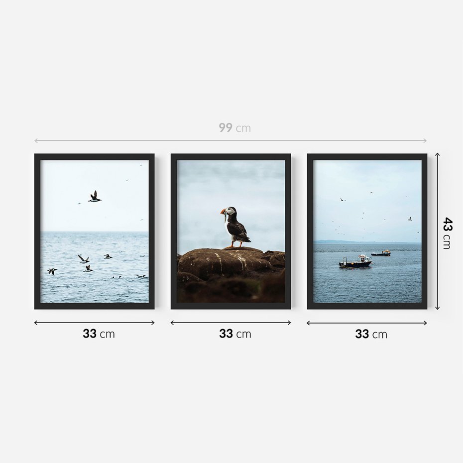 Zestaw obrazy w ramie 30x40 galeria - Morze, łodzie, ptaki, nostalgia - rama czarna