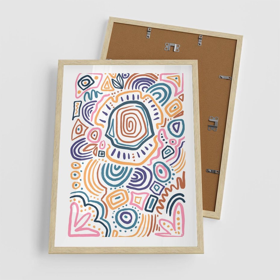 Plakat w ramie 50x70 - Strukturalne Odbicia Boho - kolorowe etniczne wzory, tęczowe żywe kolory - rama drewno