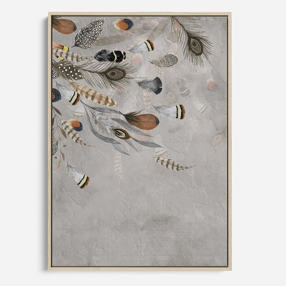 Obraz w ramie 70x100 - Sploty losu na płótnie - kompozycja boho piór, indiańskie pióra - rama drewno