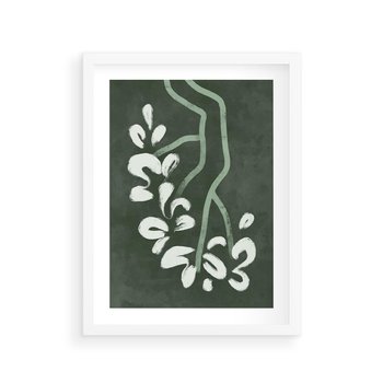 Plakat w ramie 40x50 - Rozkwitające Zielone Gałęzie - abstrakcyjne delikatne zielone linie, podobne do gałęzi kwiatów - rama biała