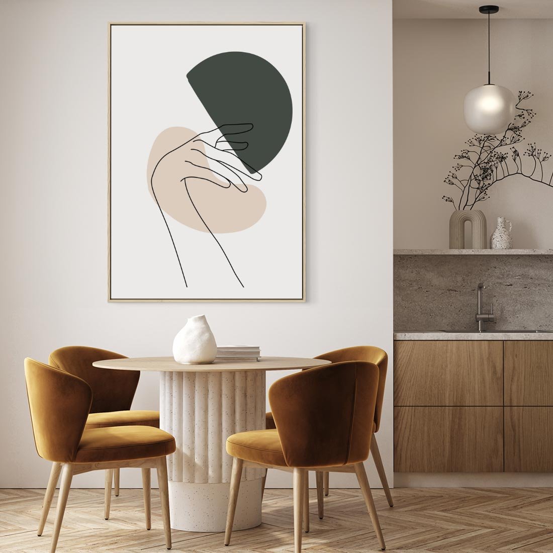 Obraz w ramie 80x120 - Przenikające Kształty - szkic jedną linią, one line - rama drewno