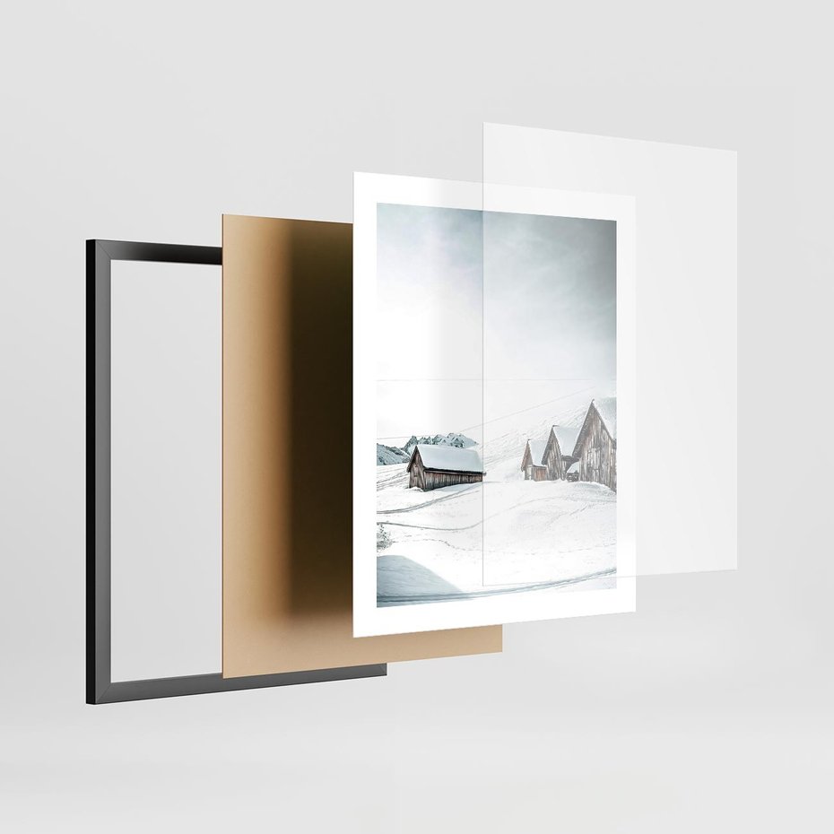 Plakat w ramie 40x50 - Zima w Domkach: Urok Śnieżnej Scenerii - domki w śnieżnym krajobrazie - rama czarna