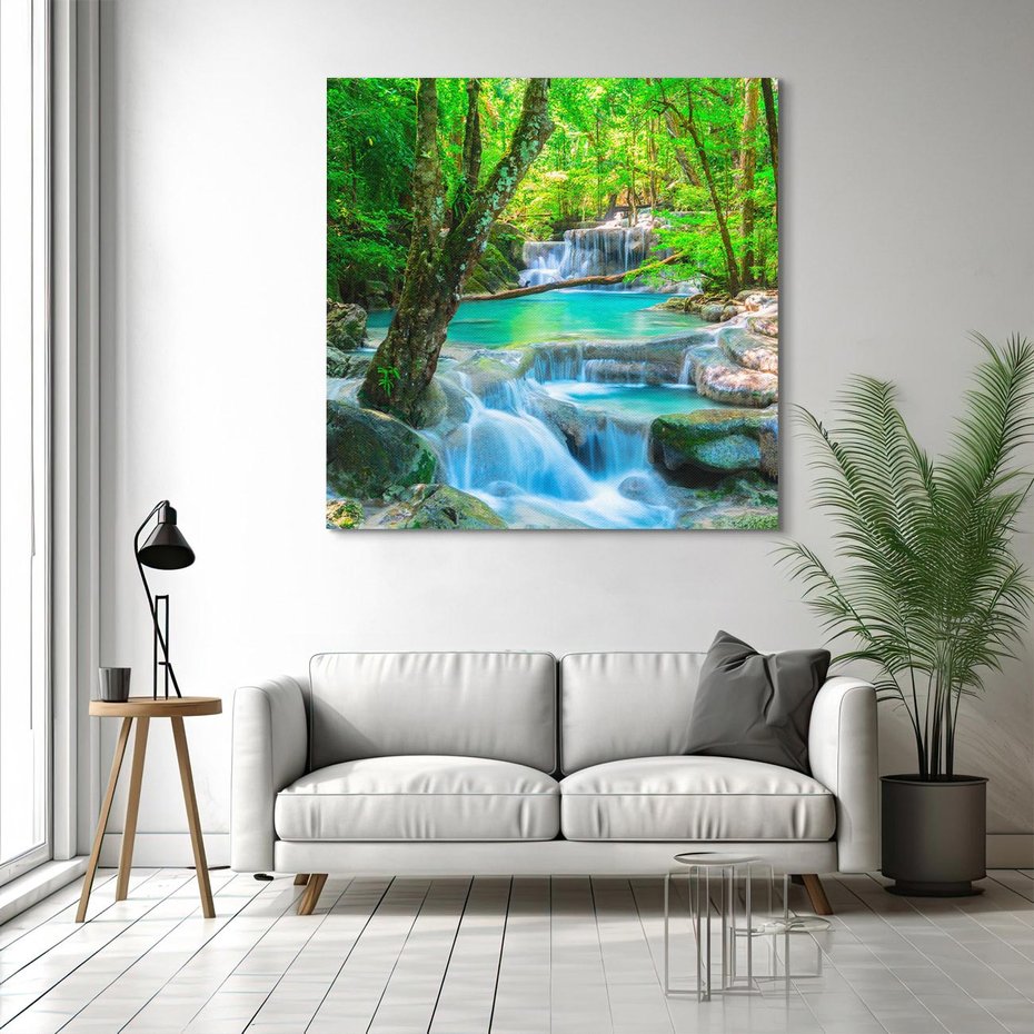 Obraz na płótnie 40x40 - Magia w lesie nad rzeką - wodospad, rzeka