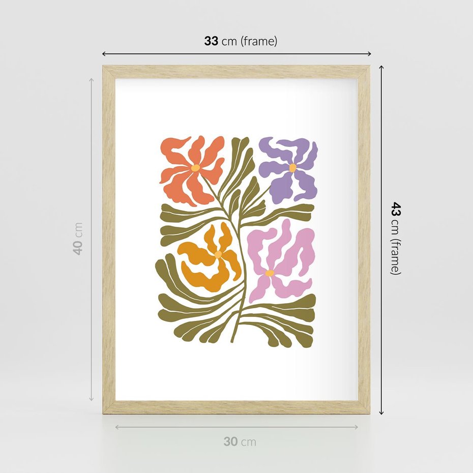 Plakat w ramie 30x40 - Rozplątane Wizje - abstrakcyjne kolorowe kwiaty, minimlizm - rama drewno