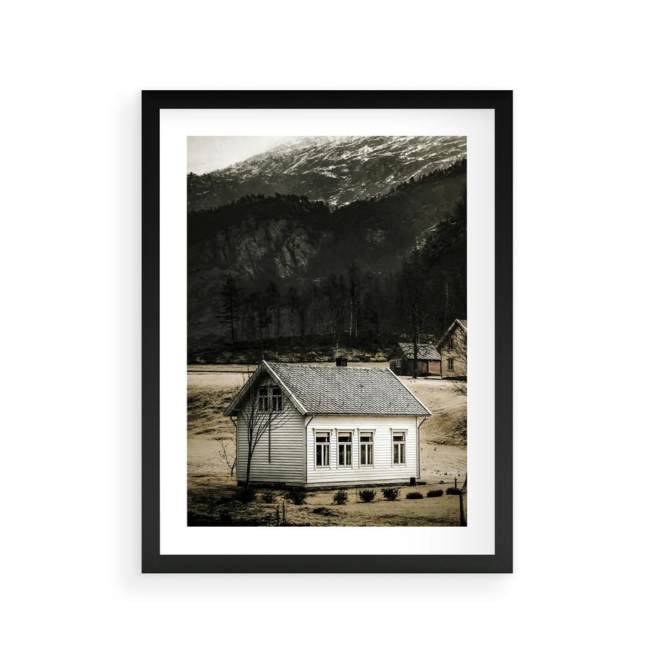 Plakat w ramie 30x40 - Ciepło i Urok Górskiego Domku - domek w górach, sepia - rama czarna