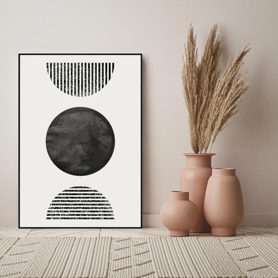 Obraz w ramie 70x100 - Tajemnicza Kompozycja - abstrakcyjne czarno białe formy, minimalizm - rama czarna