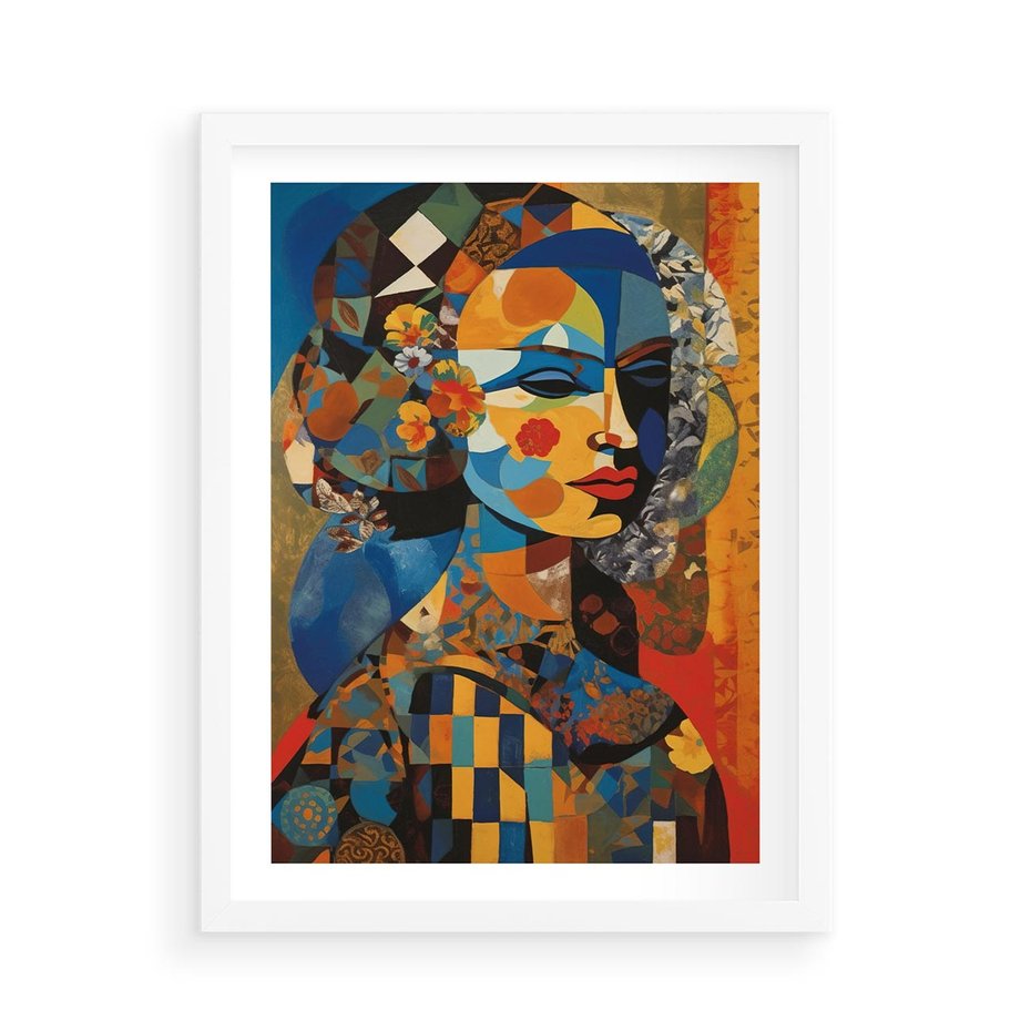 Plakat w ramie 50x70 - Impresje Cichego Szeptu - abstrakcyjny obraz, portret kobiety - rama biała