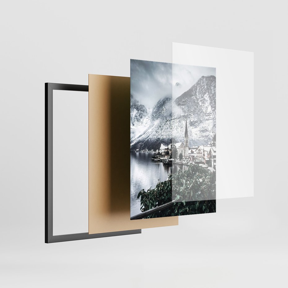 Zestaw obrazy w ramie 50x70 galeria - Domek, w, górach, zima, śnieg - rama czarna