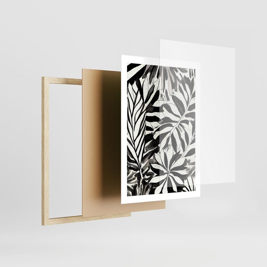Plakat w ramie 50x70 - Czarne Liście - akwarelowy obraz, czarno biały - rama drewno