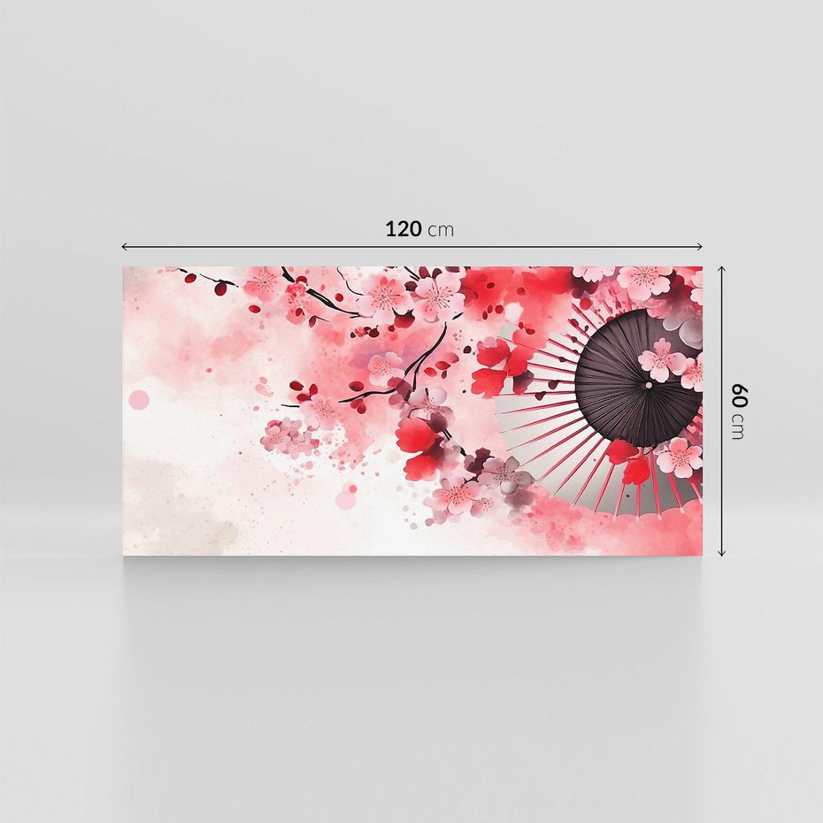 Obraz na płótnie 120x60 - Szept Kwitnącej Wiśni - japoński parasol, liście