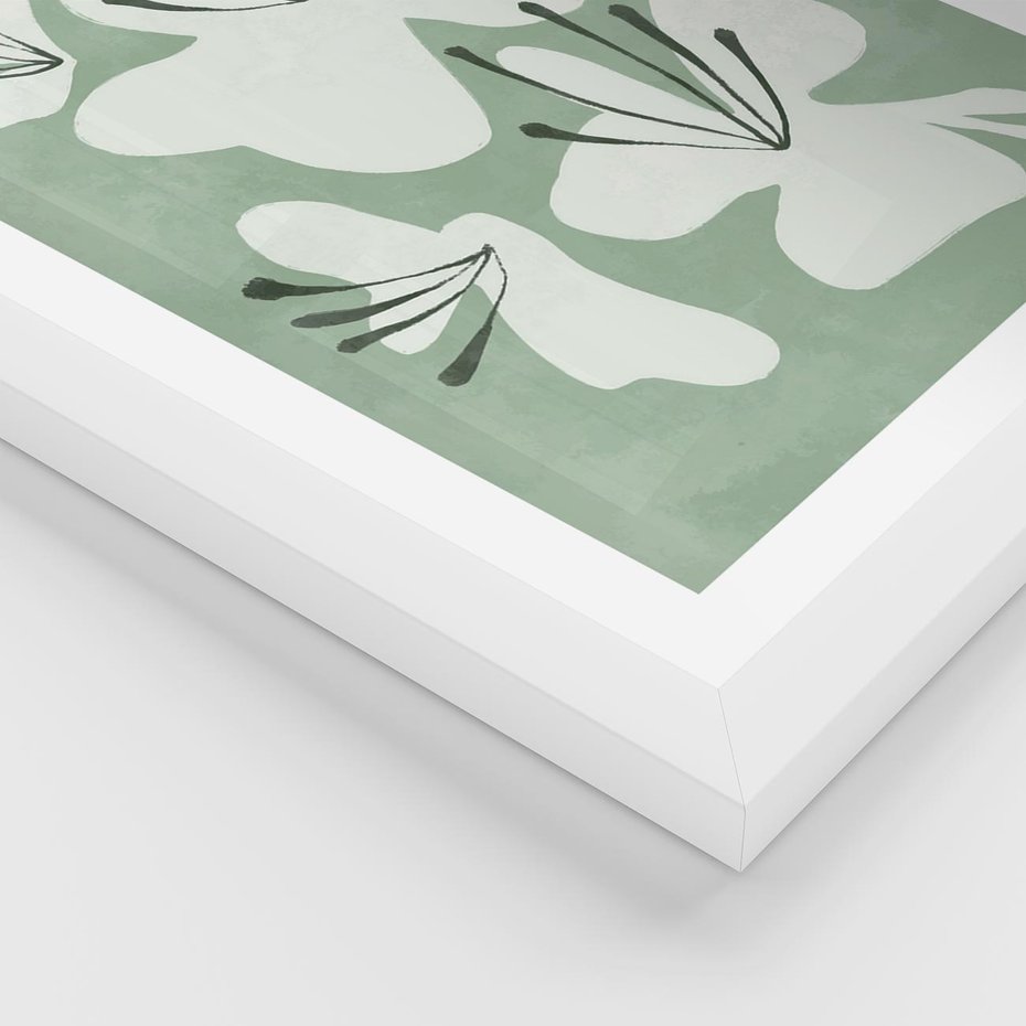 Plakat w ramie 50x70 - Rozkwitające Ukojenie - zgaszona zieleń, kwiaty - rama biała