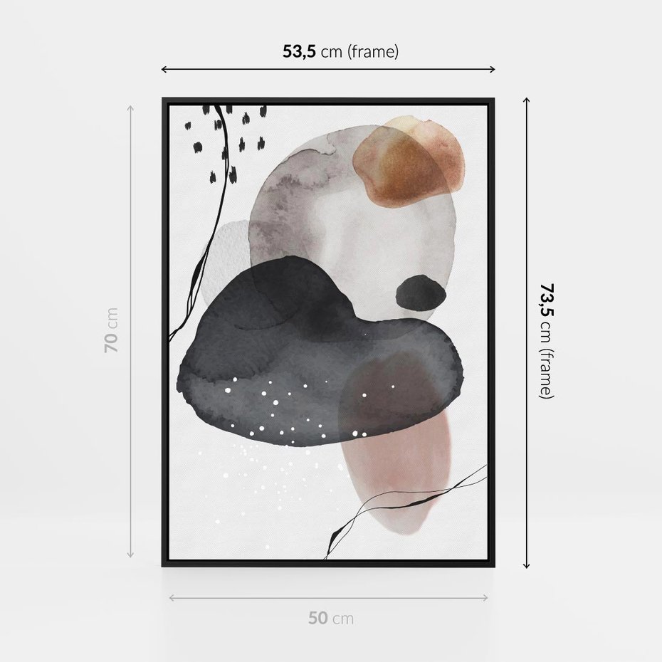 Obraz w ramie 50x70 - Impresje Harmonii - abstrakcyjne plamy akwarelowe, czarny szkic - rama czarna