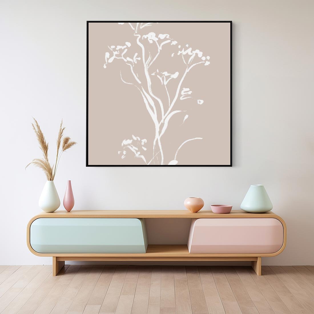 Obraz w ramie 50x50 - Harmonijne Mini Boho - minimalistyczny delikatny obraz, beżowe odcienie - rama czarna