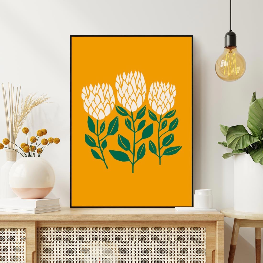 Obraz w ramie 70x100 - Kolorowe Impresje - abstrakcyjna kwiatowa kompozycja, żółte mocne tło - rama czarna