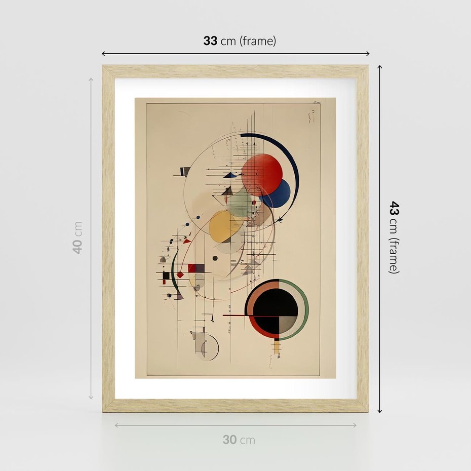 Plakat w ramie 30x40 - Impulsy Wydobyte z Cienia - abstrakcyjna geometryczna kompozycja, koła linie - rama drewno