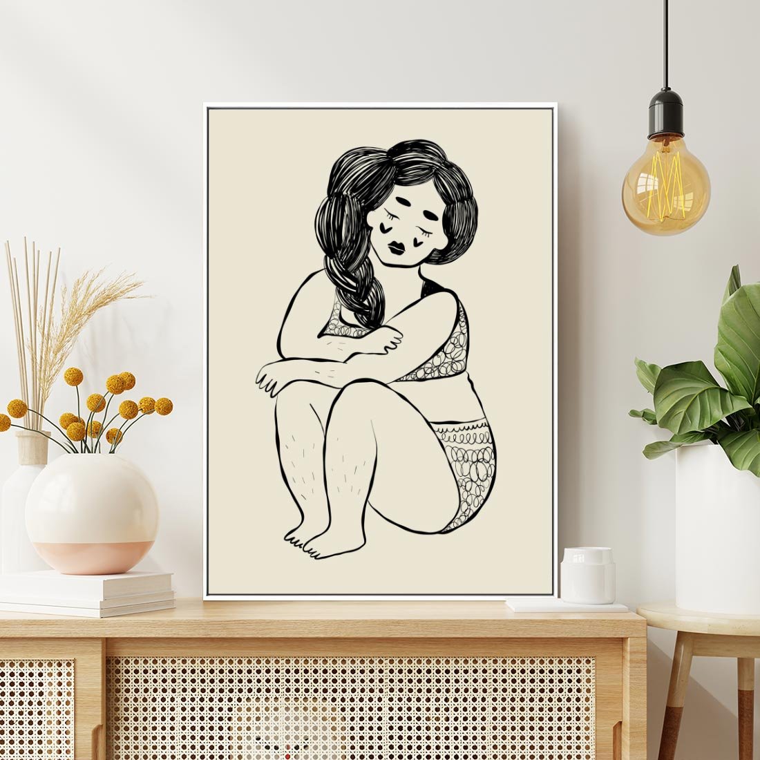 Obraz w ramie 50x70 - Migotliwe Refleksje - nowoczesny minimalistyczny rysunek, dziewczyna w bieliźnie - rama biała