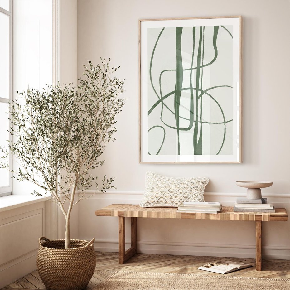 Plakat w ramie 40x50 - Zielony Spokój - zielona abstrakcja, spokojny plakat - rama drewno