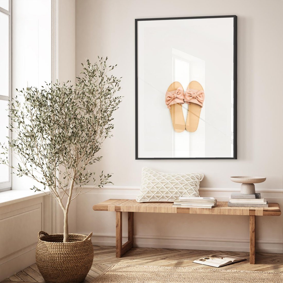 Plakat w ramie 50x70 - Minimalistyczna Moda: Klapki na Białym Tle - klapki, minimalizm - rama czarna