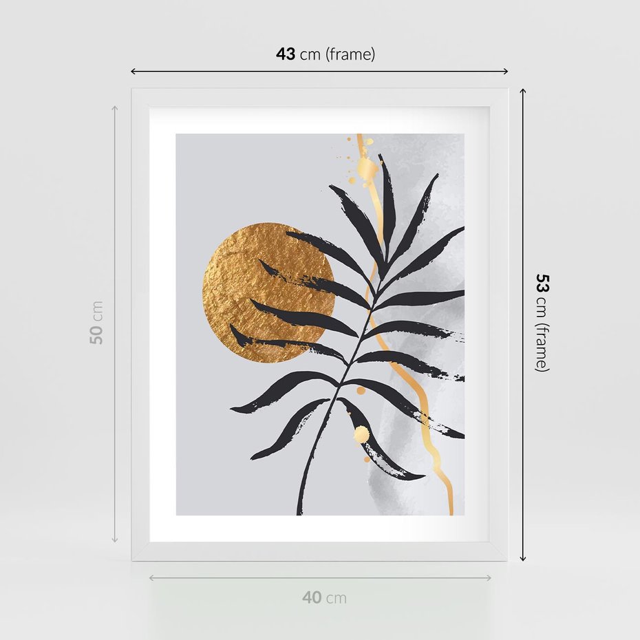 Plakat w ramie 40x50 - Grafika z Czarnym Liściem Palmy - czarny liść palmy, złóte kołó - rama biała