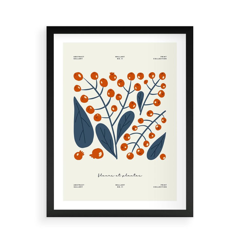 Plakat w ramie 50x70 - Minimalistyczna Uroda Jarzębin - jarzębiny, niebieskie liście - rama czarna
